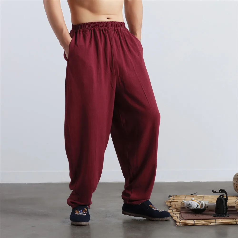 Высококачественные хлопковые льняные мужские свободные повседневные брюки в китайском стиле мужские широкие брюки плюс размер удобные брюки для кунг-фу - Цвет: Красный