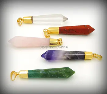 

Mixed Stones Indian Onyx / Pink Quartz / Red Stone Long Hexagonal Column Point Pendants Of Gold Cladding Approx 55*10 mm