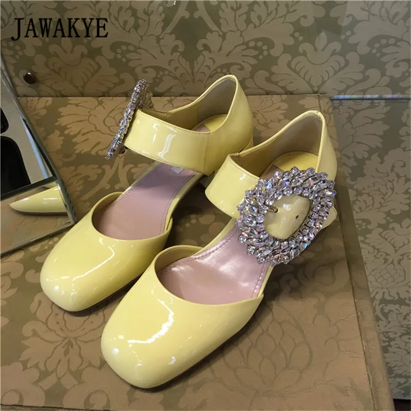 

New Arrival Rhinestone Diamond Buckle High Heels Shoes Women Square Toe Retro Chunky Heeled Pumps Woman 2018