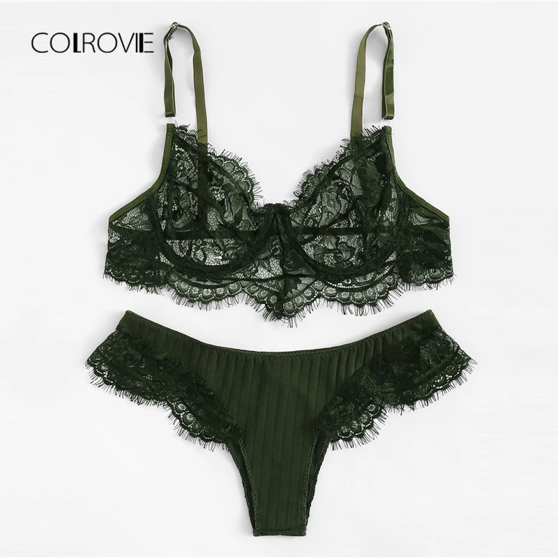 COLROVIE Army Green Eyelash Lace Sexy Lingerie Set 2018 Women Wireless Transparent Underwear Set Female Elegant Intimates