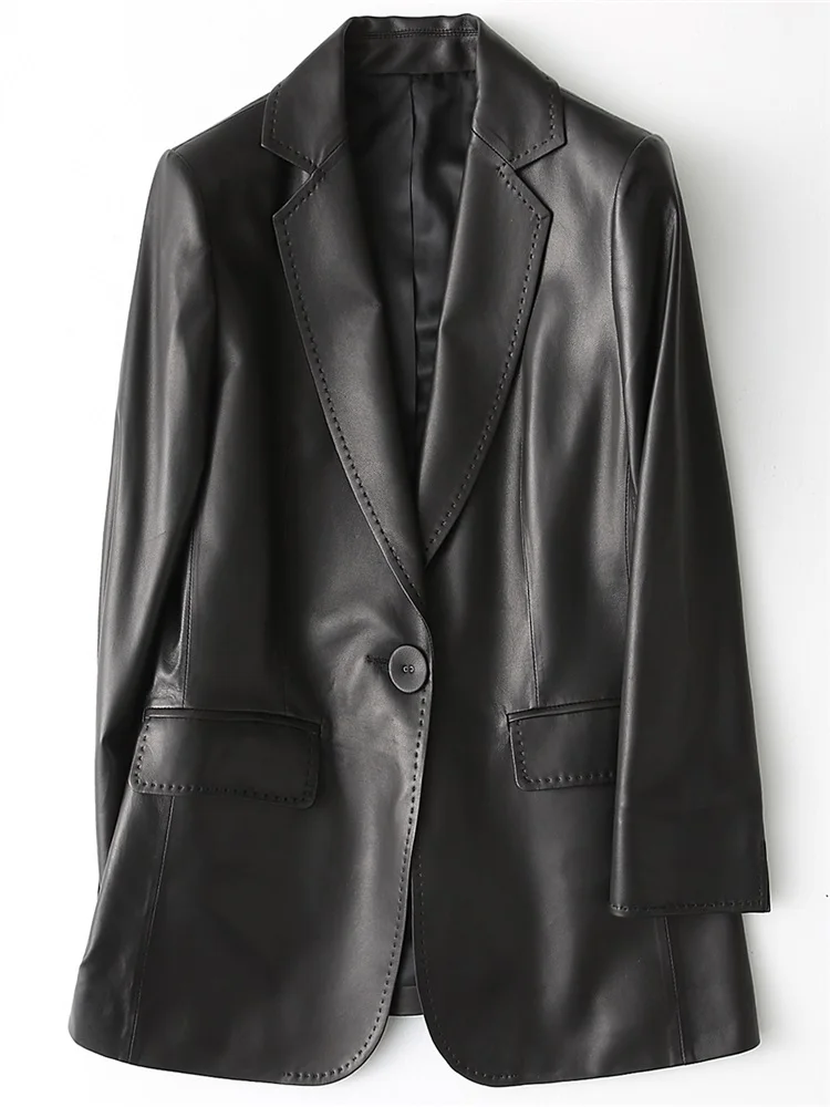 Genuine Leather Women's Leather Blazer One Button Leather Coat For
