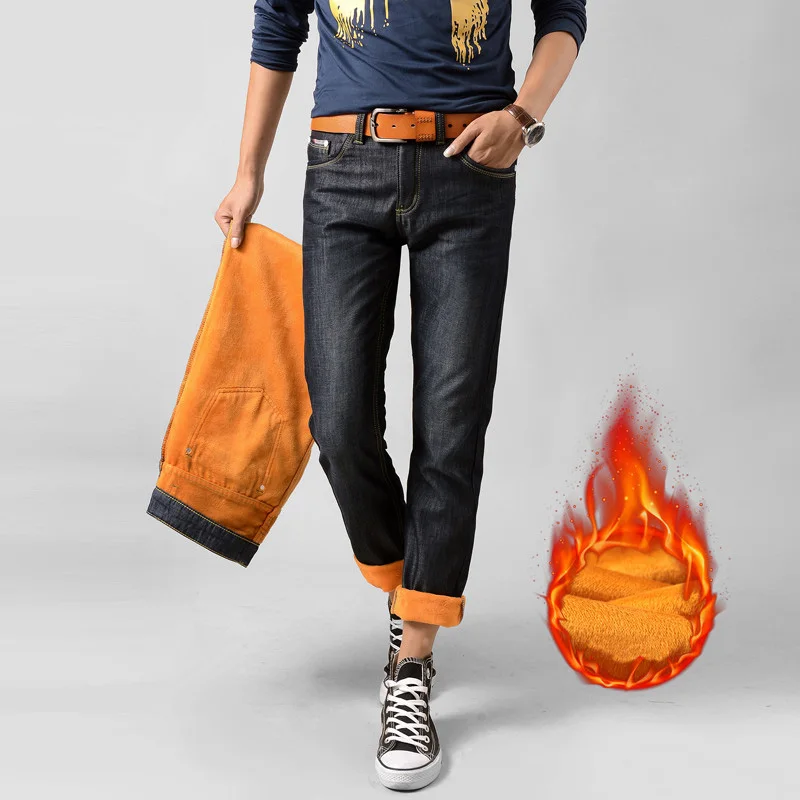 Мужчины Сгустите Прямые Denim Жан Теплый Плюс Бархат Мода Slim Брюки Осенние И Зимние