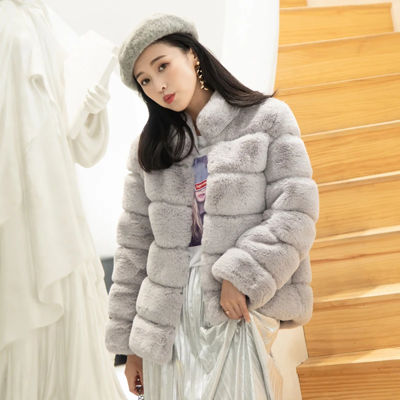 

UPPIN S-4XL Thick Warm Furry Women Rabbit Fur Coat Elegant Solid Stand Collar Female Ladies Jacket Pink Faux Fur Coat Women 2018