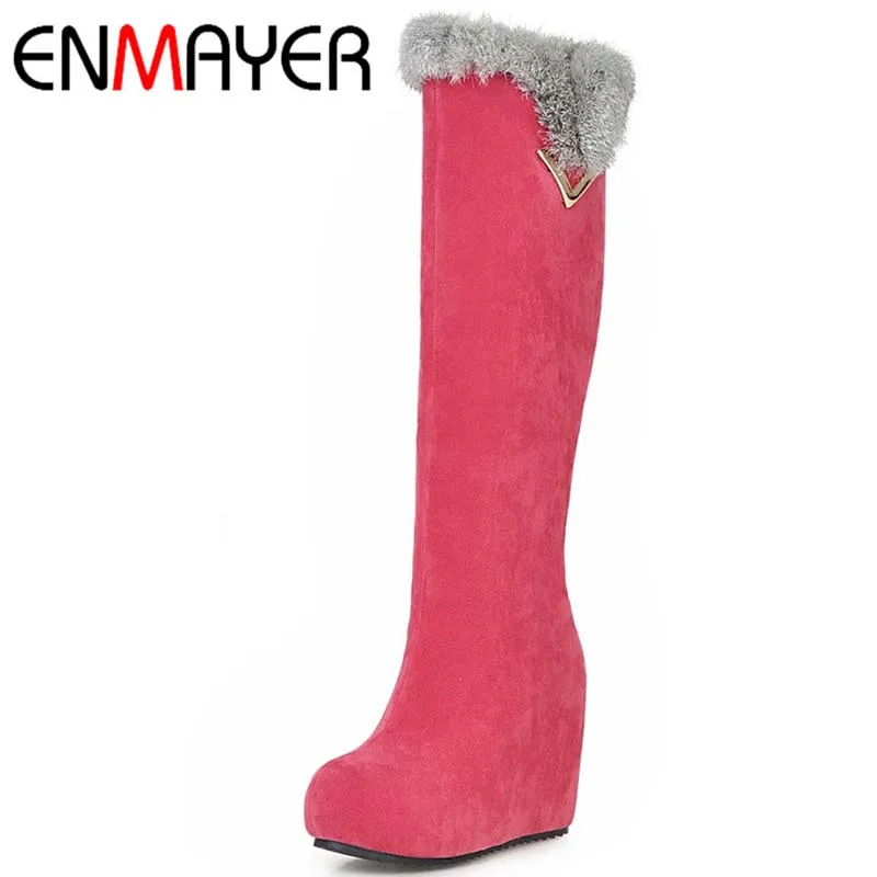 

ENMAYER Big Size 43 High Quality Matte Leather Knee-High Round Toe Wedges High Heel Boots For Women 4-color New Fashion Boots