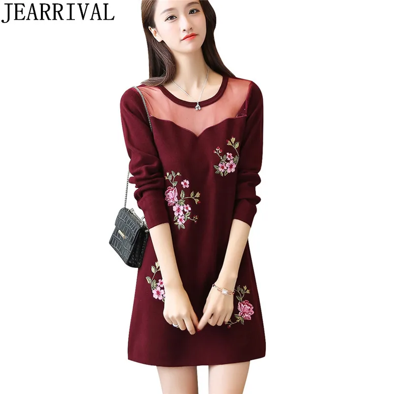 

2017 New Autumn Winter Dress Fashion Women Long Sleeve O-Neck Flower Embroidery Knitted Sweater Dresses Vestido De Festa