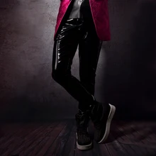 Для мужчин из искусственной кожи Брюки Модные певица танцор панк хип хоп Рок Стиль Slim Fit Брюки сценическое шоу костюмы