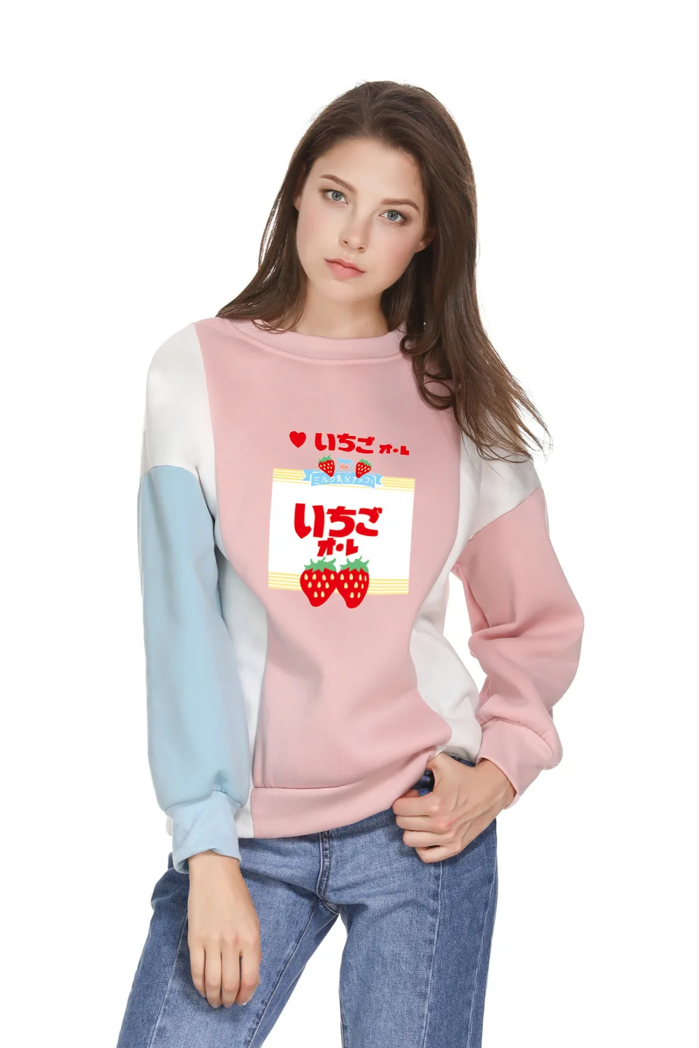

Women Sweatshirt Harajuku Strawberry Milk Kawaii Sweet Cute Girl's Color Block Hoodies Loose O-neck Winter Autumn Fleece Jumper