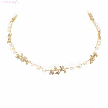 

Jonnafe Boho Gold Leaf Wedding Hair Jewelry Pearls Bridal Headband Hair Vine Handmade Women Accessories