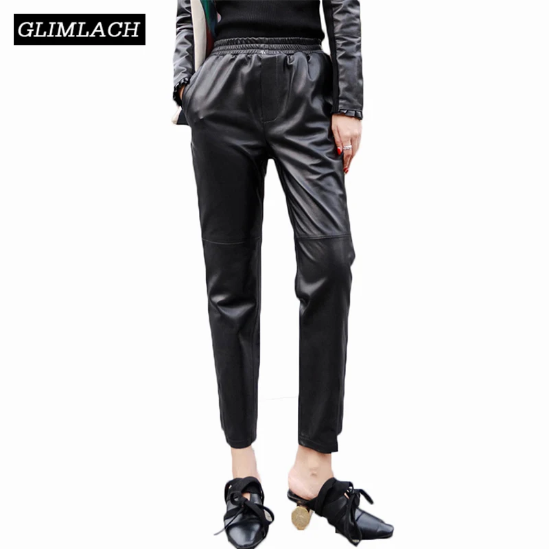 

Black Casual Elastic Waist Real Leather Trousers Women 2019 Autumn Genuine Sheep Leather Fashion Slim Harem Pants Lady Pantalon
