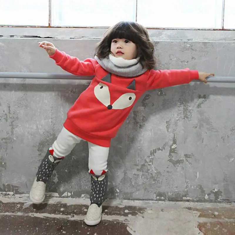 

1 2 3 4 Year Baby Kids Clothes Thick Warm Autumn Winter Children Clothing Set Cartoon Fox Shirts Pants 2pcs Casual Girls Suits