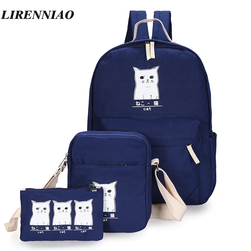 Cute Cats Backpack Fashion 3 Sets Backpack Female Preppy Style Backpacks For Teenage Girls School Bags