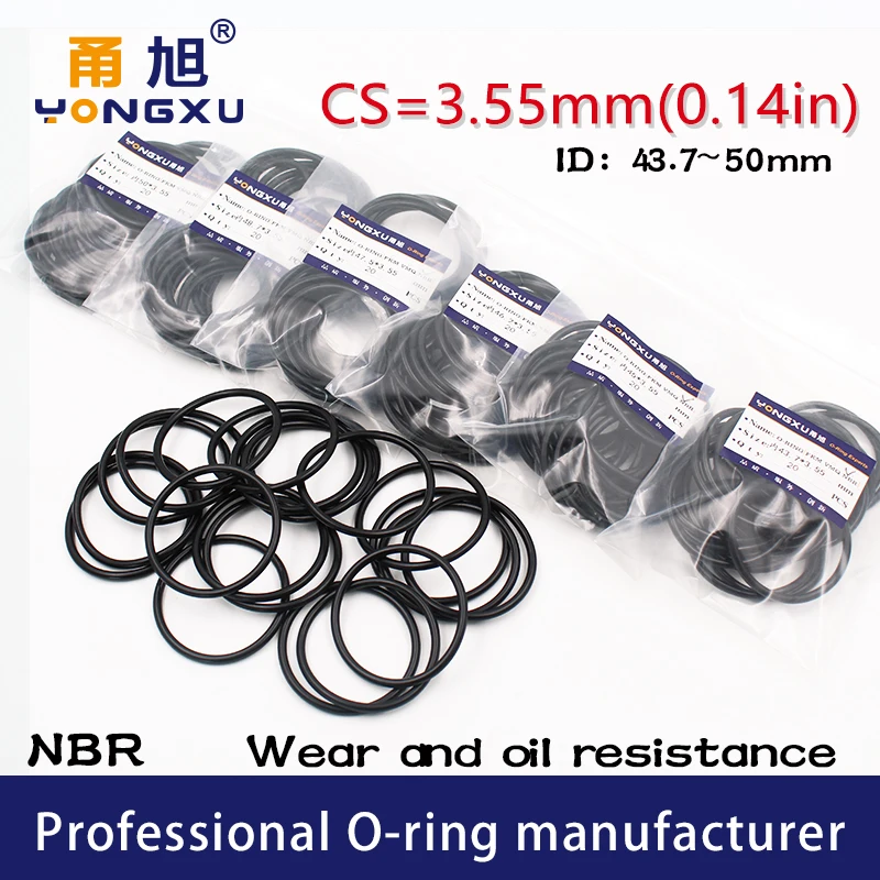 

10PC/lot Rubber Ring NBR Seal O-Ring CS3.55mm ID43.7/45/46.2/47.5/48.7/50*3.55mm O Ring Seal Gasket Nitrile ORing Oil Resistance