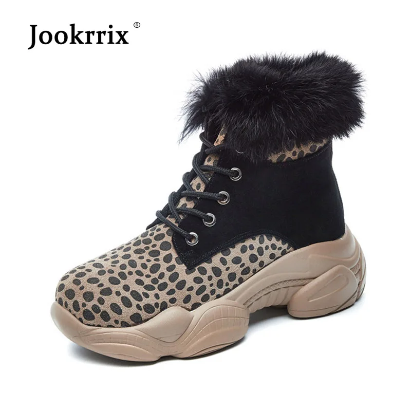 

Jookrrix 2018 Casual Warm Shoes Women Fashion Brand Leopard Martin Boots Lady chaussure Winter Female footware with Fur Black