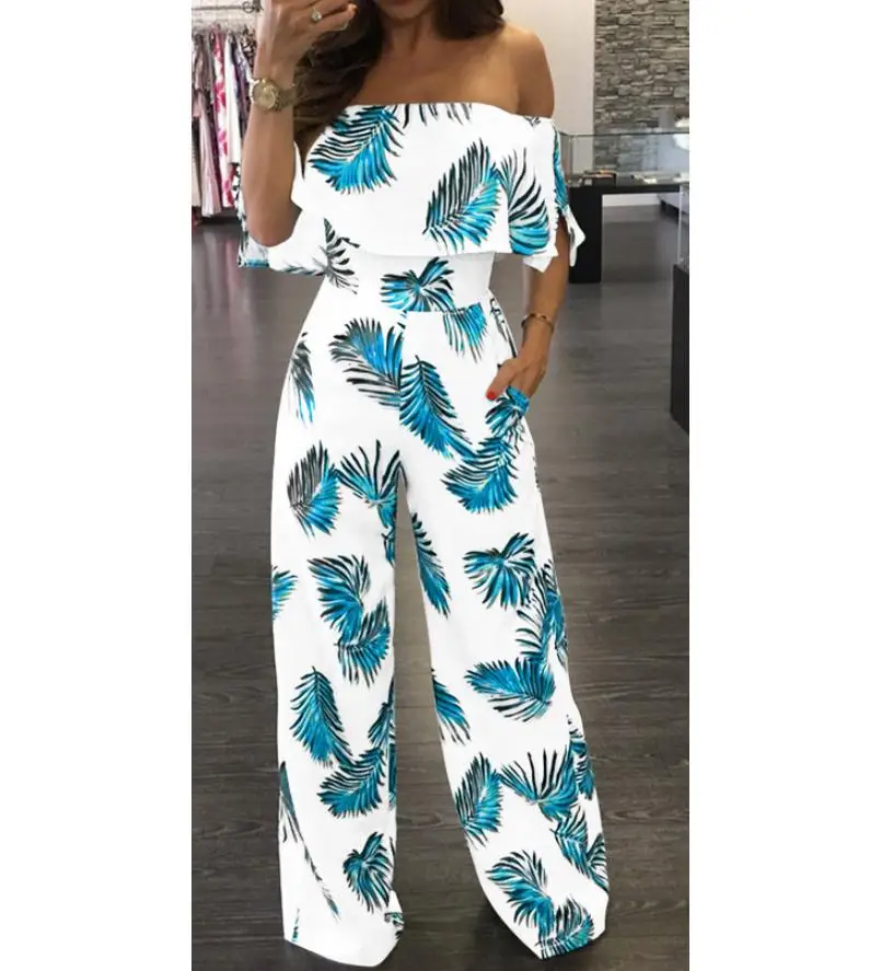 Hot Jumpsuits Women Clubwear Short Sleeve Playsuit Sexy Floral Print Rompers Womens Jumpsuit Long Trousers Pants