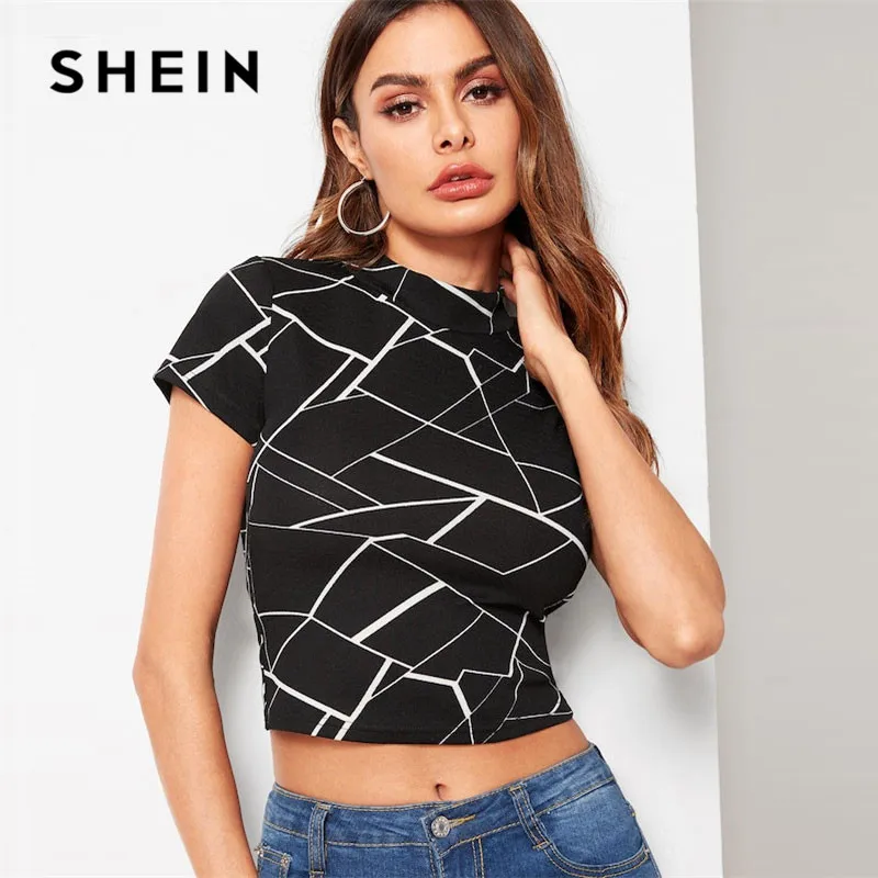 

SHEIN Geo Print Mock Neck T Shirt Women Casual Short Sleeve Stand Collar Tshirt Summer Slim Fit Crop Top 2019 Ladies Tops