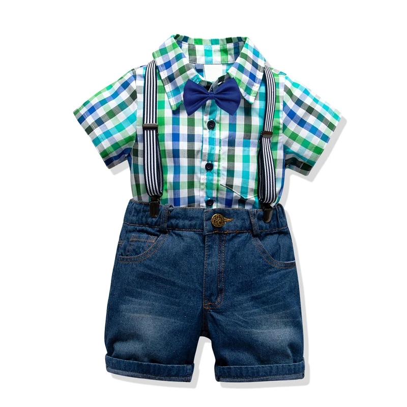 

toddler clothing set for boys suits 2019 summer new arrived 4 colors plaid shirt + short jeans with strap kids' wear