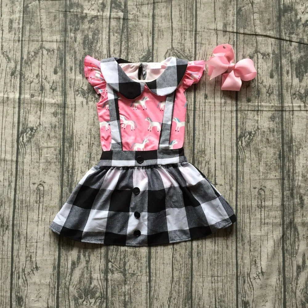 

new summer baby girls children clothes SUSPENDER SKIRT SET unicorn print ruffles pink black plaid dress set match accessories