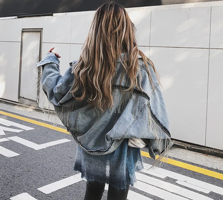 HAMALIEL Women Denim Long Batwing Sleeve Jacket Spring Beading Tassle Short Loose Girl Jeans Coats Fashion Harajuku Outerwear HAMALIEL Women Denim Long Batwing Sleeve Jacket Spring Beading Tassle Short Loose Girl Jeans Coats Fashion Harajuku Outerwear