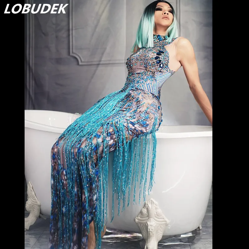 

Blue Tassels Crystals Long Dress Sleeveless Skinny Dress Singer Performance Fringes Dresses Party Celebrate Rhinestones Costumes