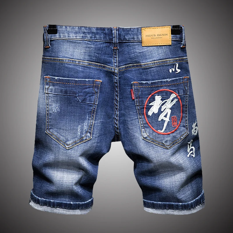 

Men's Embroidery Denim Shorts 2019 Summer Blue Jeans Shorts Men Hip Hop Brand Designer Skinny Hole Short Jeans Plus Size WY274