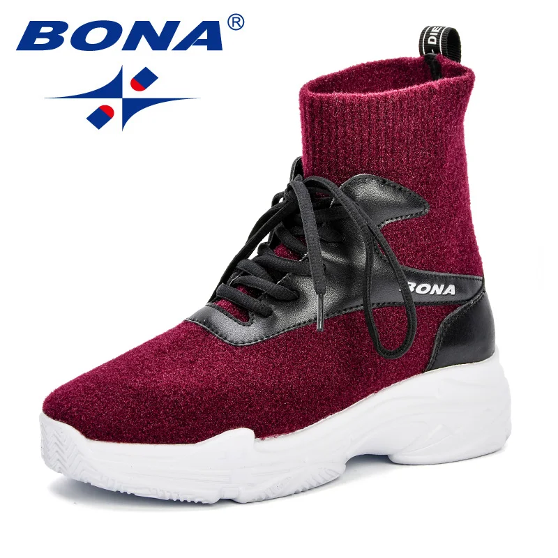 

BONA Sock Boots Woman Front Lace Up High Top 2018 Autumn Female Casual Shoes Platform Breathable High Quality Trendy Ankle Boots