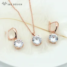 S& Z классический большой круглый кубический цирконий Висячие серьги ювелирный набор 585 розовое золото для женщин девушек свадебный подарок