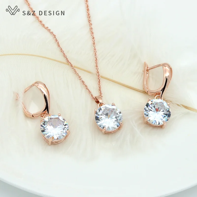 

S&Z New Classic Big Round Cubic Zirconia Dangle Earrings Jewelry Set 585 Rose Gold For Women Girl's Wedding Party Gift