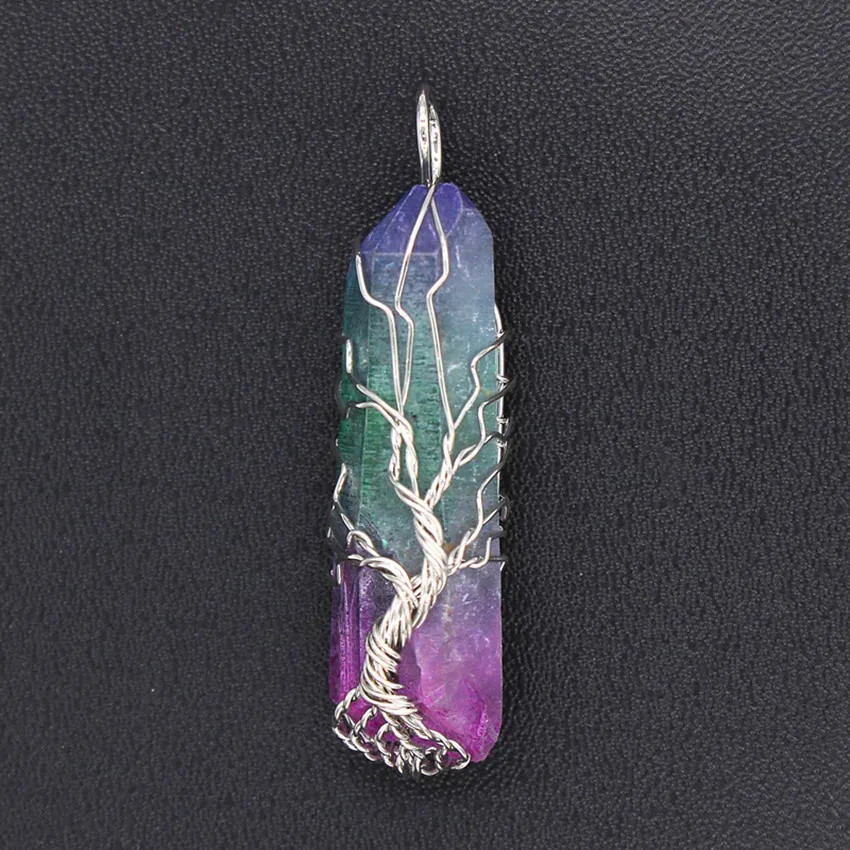 

Trendy-beads Unique Silver Plated Wire Wrap Tree of Life Irregular Shape Rock Crystal Dyed Colorful Pendant