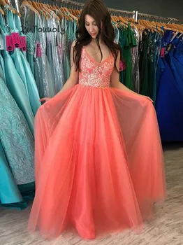 

Affordable Coral Evening Dress Backless A Line Tulle Long Prom Dresses With Lace Deep V Neck Floor Length Cheap Graduation Dress