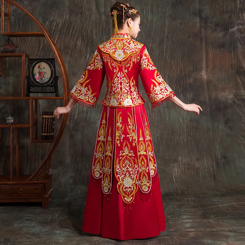 Красный Традиционный китайский стиль невесты Свадебные платья вышивка cheongsam платье халат Вечерние вечернее платье жениться Qipao Vestido S-XXL