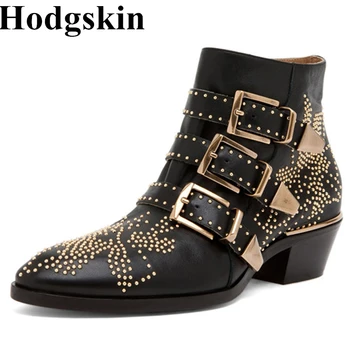 

New Street Fashion Rivet Buckle Metal Decoration Booties Woman 2019 Martin Genuine Leather Women's Boots Square Heels Shoes