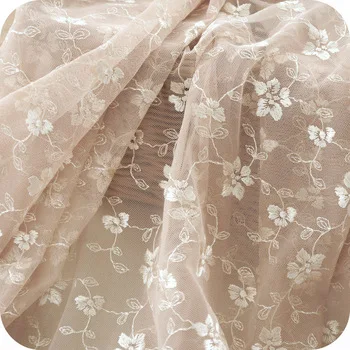 130cm Apricot Soft Embroidered Lace Fabric Floral Embroidery Polyester Lace Cloth for Patchwork Sewing Dress Skirt Doll