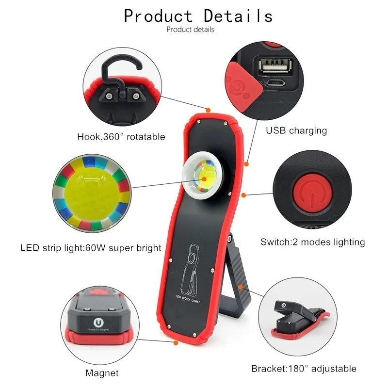 Портативный флэш-светильник 60 Вт COB Мощный USB Перезаряжаемый светодиодный светильник Магнитный COB Lanterna подвесной фонарь с крюком аварийный светильник