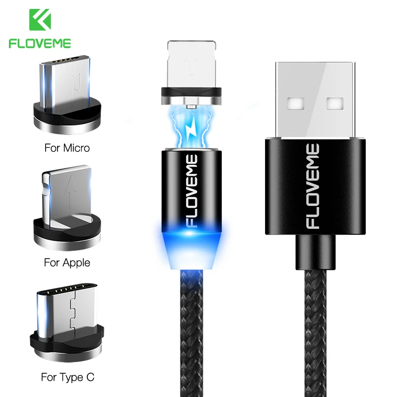 FLOVEME 3 в 1 Магнитный кабель для iPhone 8 X Micro usb type C кабель 2A Быстрая зарядка 1 м магнитные телефонные кабели для samsung USB-C - Цвет: Classic Black