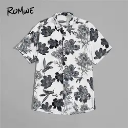 ROMWE Для мужчин Черный и белый Цветочный принт короткий рукав мужские повседневные рубашки отложной воротник одной кнопки летние рубашки