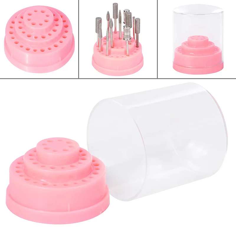 1 Set 48 Holes Pink Nail Drill Bits Holder Stand Display Nail Drill Bit Box Organizer Container Manicure Tool