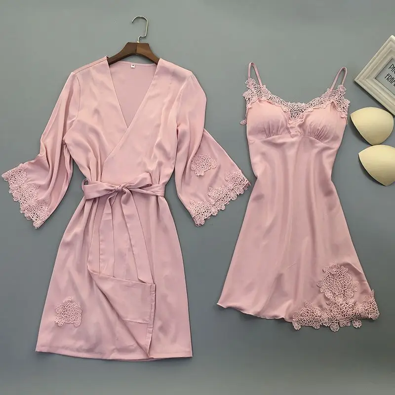 5 шт./компл. Для женщин женская сексуальная сатиновая Ночная сорочка шелковое Ночное платье халат кимоно Ночная рубашка набор нижнего белья пижамы ночной халат de nuit femme - Цвет: 2pcs Pink