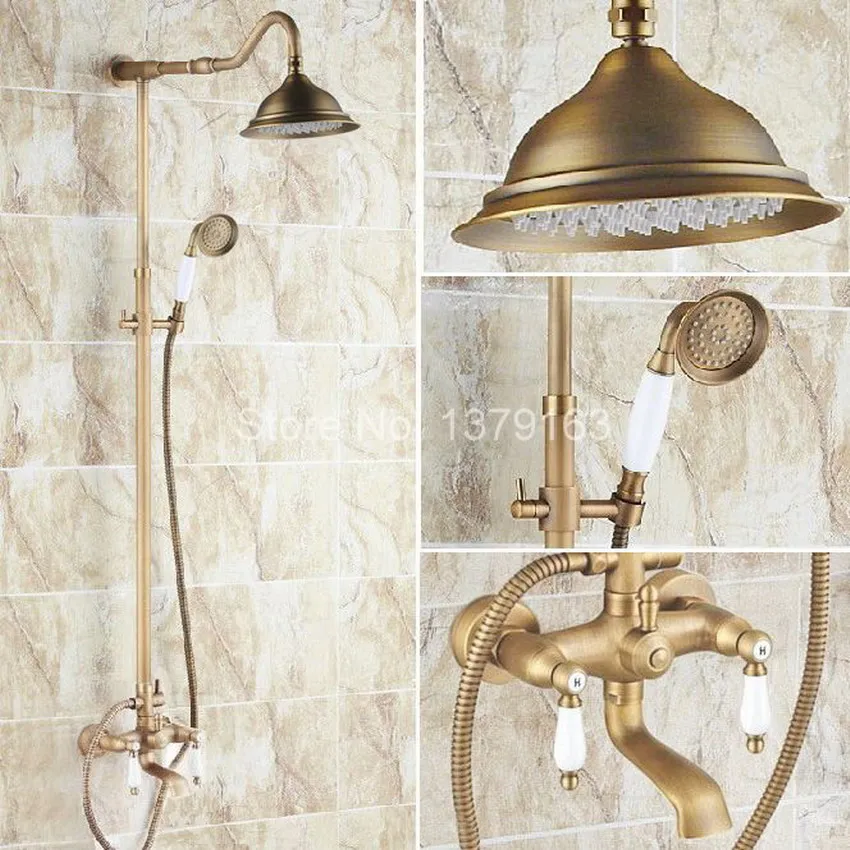 Antique Brass Dual Porcelain Handles Rain Bathroom Shower Faucet