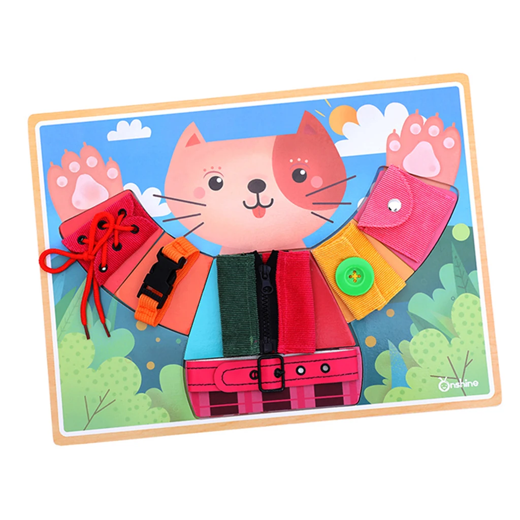 Early Basic Life Skills Toys Montessori Learn to Dress Cat Boards Puzzle  Zip Snap Button Lace Tie Educational Baby Toddlers Toy