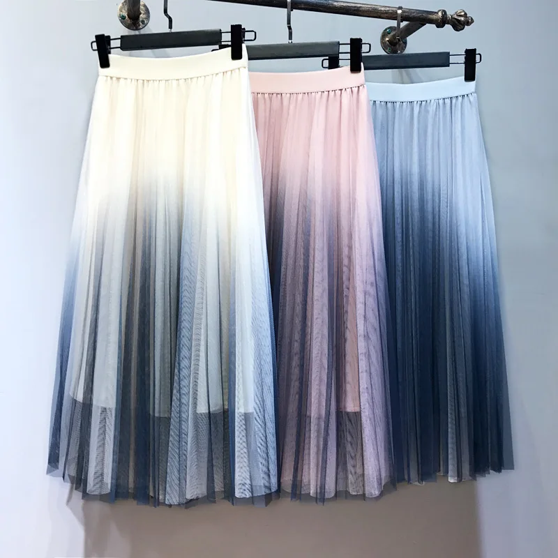 Весенне-летняя сетчатая юбка с градиентом, Женская богемная плиссированная юбка до середины икры с высокой талией из органзы для девочек