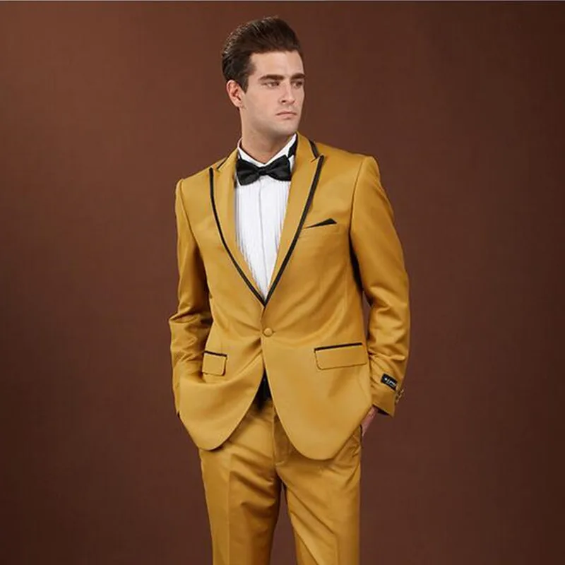 8-1 Fashion classic men's suit yellow lapel single-breasted men's prom dress and business office suits (jacket + pants) custom made