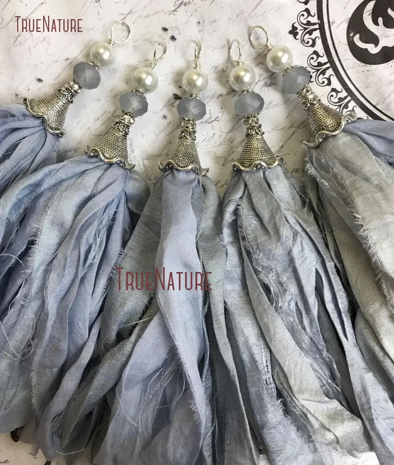 TPO14374-New Color Shimmering Soft Blue Tassel Tassels Handcrafted Tassel Pendant Sari Silk Tassel Bohemian Tassels Pendant Antique Silver Bead Cap_1