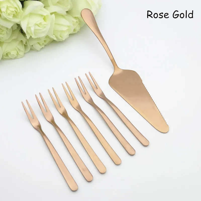 rose gold Набор посуды из нержавеющей стали, дессертная вилка для торта, цветной нож, многоцветные вилки для фруктов, набор для кофе-бара, печенье торт, ножи, 7 шт./компл - Цвет: rose gold