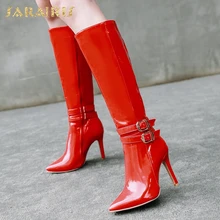 SARAIRIS/, большие размеры 34-48, сапоги на молнии с острым носком, красные, черные, женская обувь, сапоги до колена на тонком высоком каблуке, женская обувь