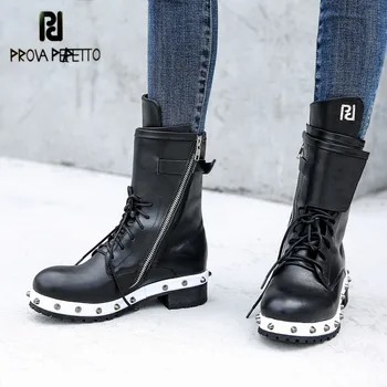 

Prova Perfetto Black Ankle Boots for Women Rivets Studded Flat Autumn Botas Mujer Genuine Leather Platform Rubber Riding Boots