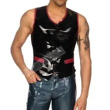 Латексный жилет черного цвета с красными Элегантный жилет пальто латексная приклеены Сексуальные костюмы для сна для Для мужчин