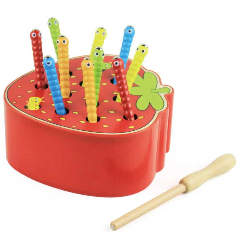 Детские деревянные блоки, Игрушки для раннего образования, забавная магнитная палочка, ловить червя, игра, цветная Когнитивная Магнитная Клубничная игрушка 45