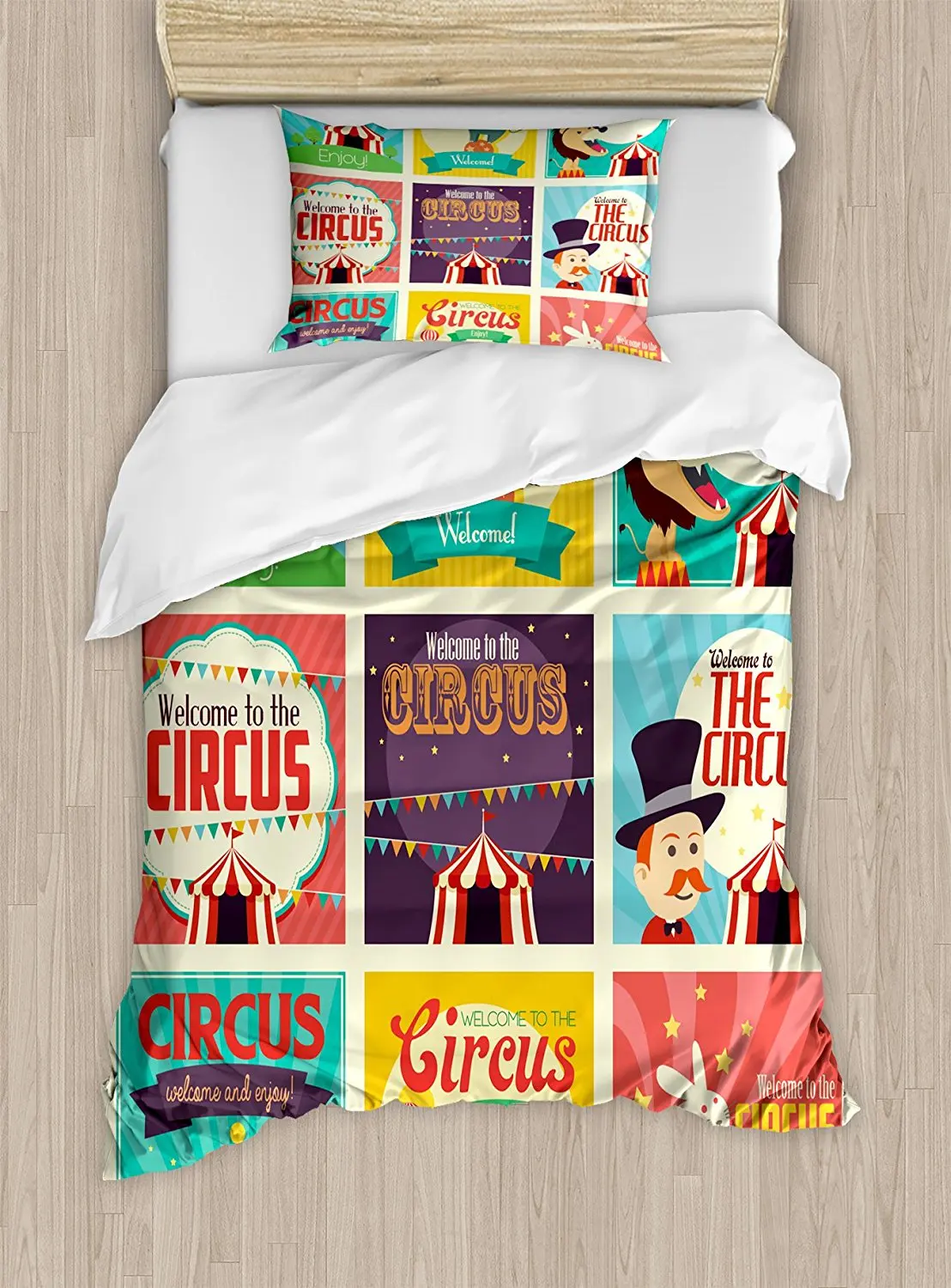 

Circus Duvet Cover Set Collection of Old Circus Icons Carnival Magicians Old Fashioned Nostalgic Festive 4 Piece Bedding Set