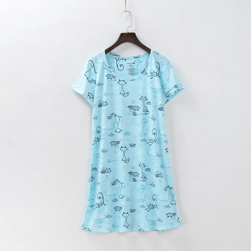 Женская сексуальная пижама хлопок милая Дамская короткая ночная юбка размера плюс Ночная сорочка женская ночная сорочка - Цвет: Light blue cat