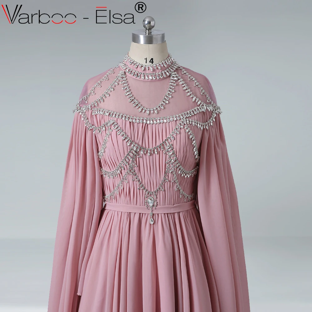 VARBOO_ELSA, Саудовская Аравия, длинное вечернее платье с накидкой, розовые шифоновые мусульманские Выпускные платья кристалл, вечернее платье с высоким воротом